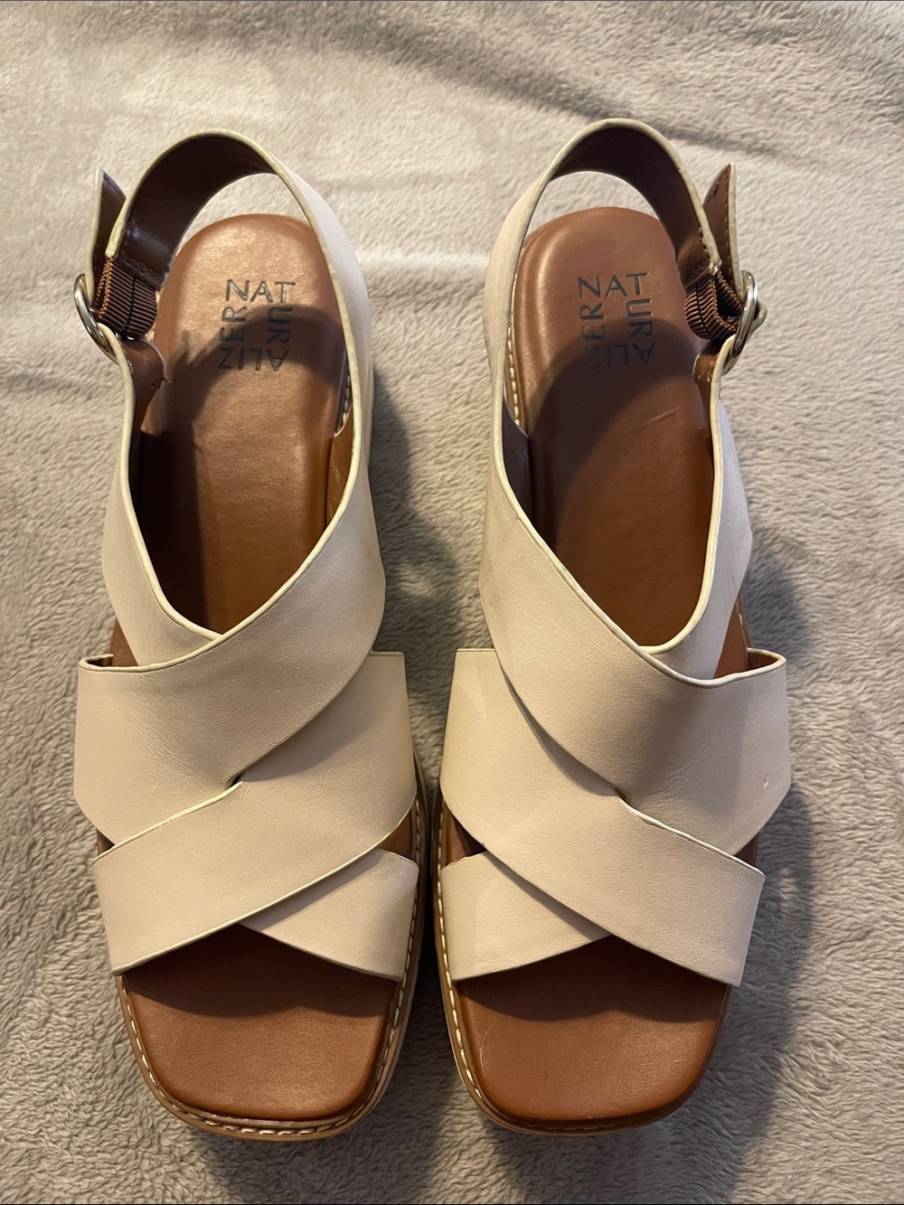 Naturalizer Women's Cream Crisscross Slingback Sandals with Brown Footbed